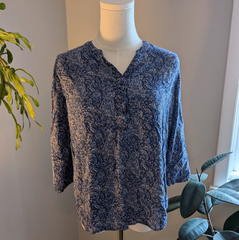 Blue Floral Split-Neck Women’s Blouse